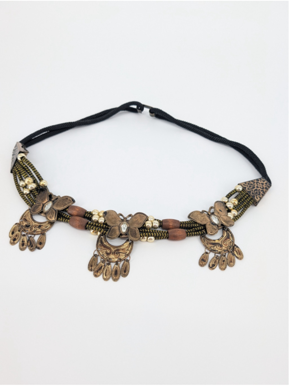 Vintage 70s 80s Made in Korea Black Gold Braided Rope Flower Charm Belt